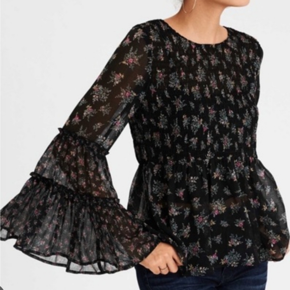 American Eagle Floral Sheer Belle Sleeve Blouse Top